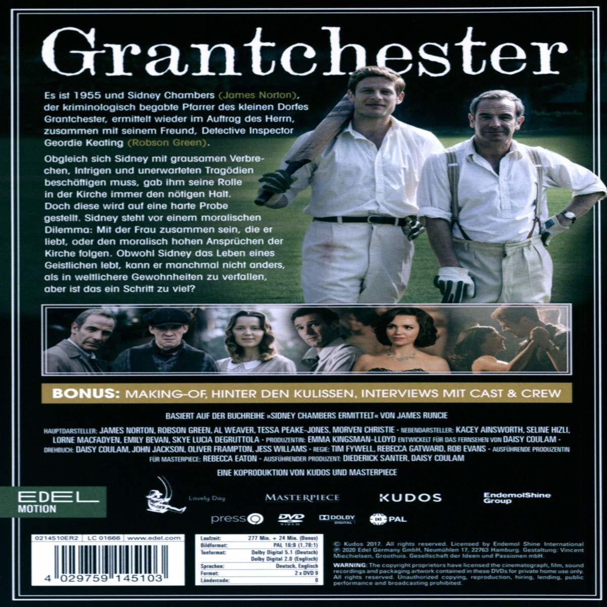 Grantchester DVD-Cover mit zwei Männern vor einer Kirche.