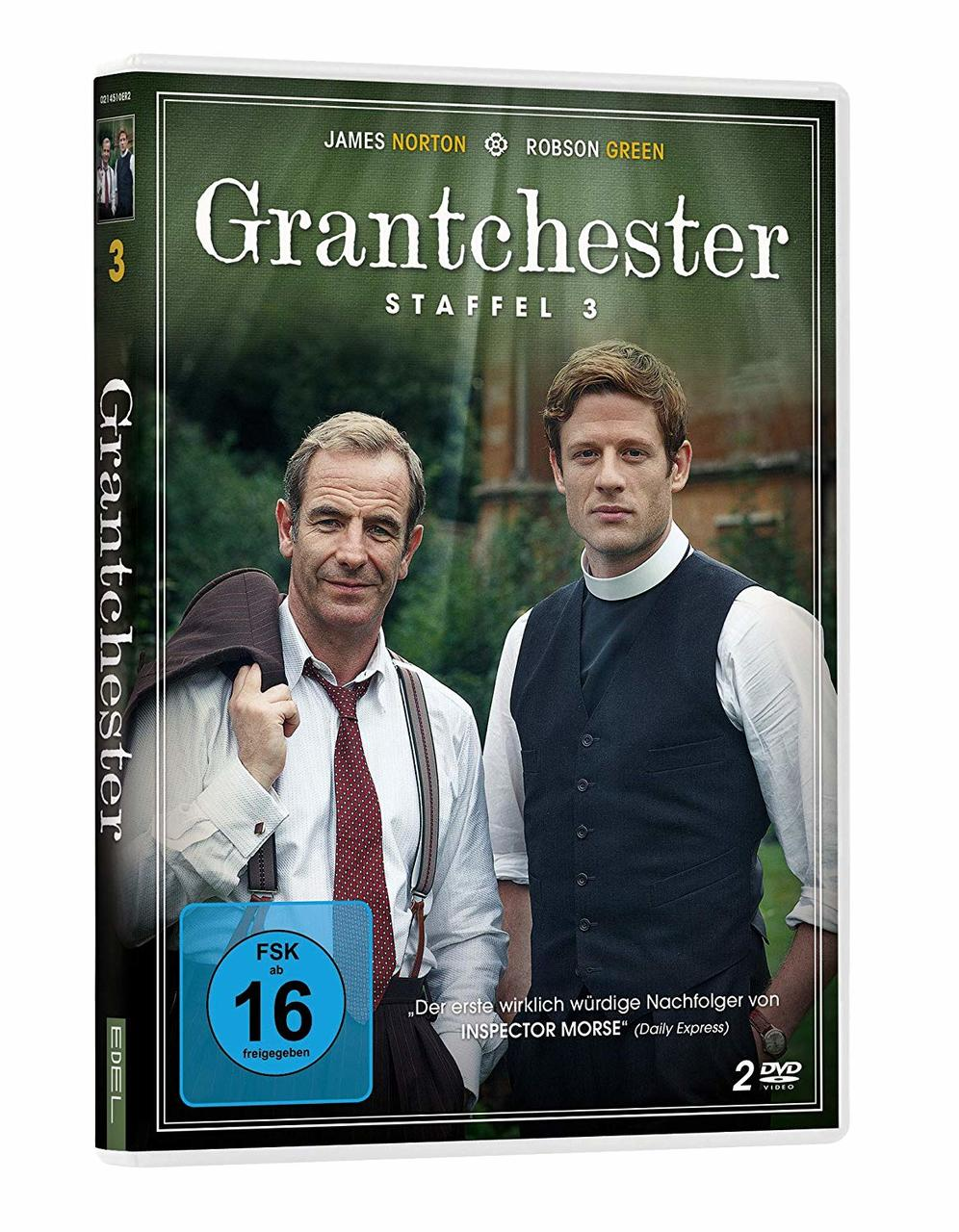 Grantchester Staffel 3 DVD-Cover. Zwei Männer in Anzügen. Ein Mann hat einen Hut.