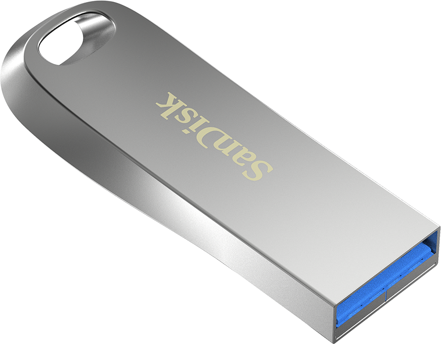 Clé USB Sandisk argentée, en biais, avec 'SanDisk' imprimé et un connecteur USB bleu.