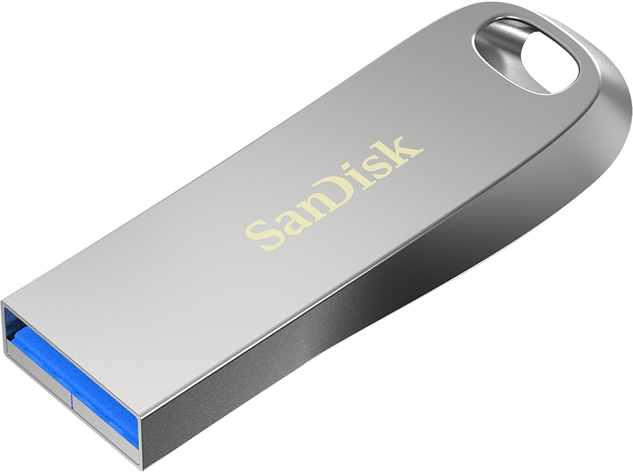 Une clé USB SanDisk argentée avec le logo SanDisk, sur un fond clair.