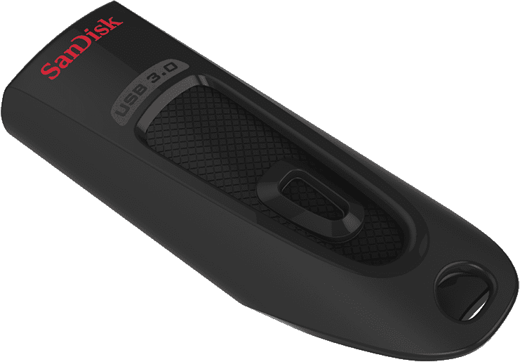 Ein schwarzer SanDisk USB 3.0-Flash-Laufwerk. Das SanDisk-Logo ist rot.