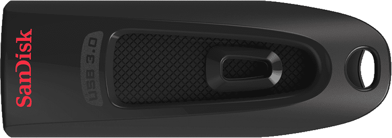 Schwarzer SanDisk USB 3.0-Stick mit rotem SanDisk-Logo.