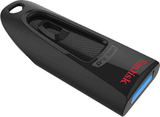 Schwarzer SanDisk USB-Stick mit rotem Logo und blauem Port.
