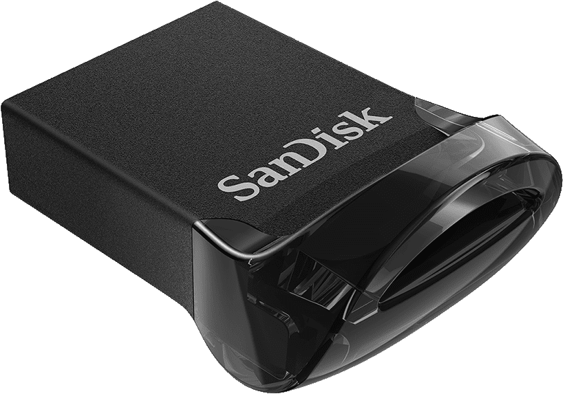 Une clé USB Sandisk noire avec un couvercle en plastique transparent, sur fond noir.