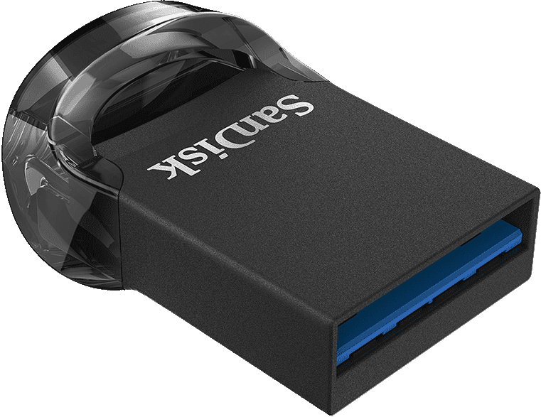 Clé USB SanDisk noire avec poignée transparente.