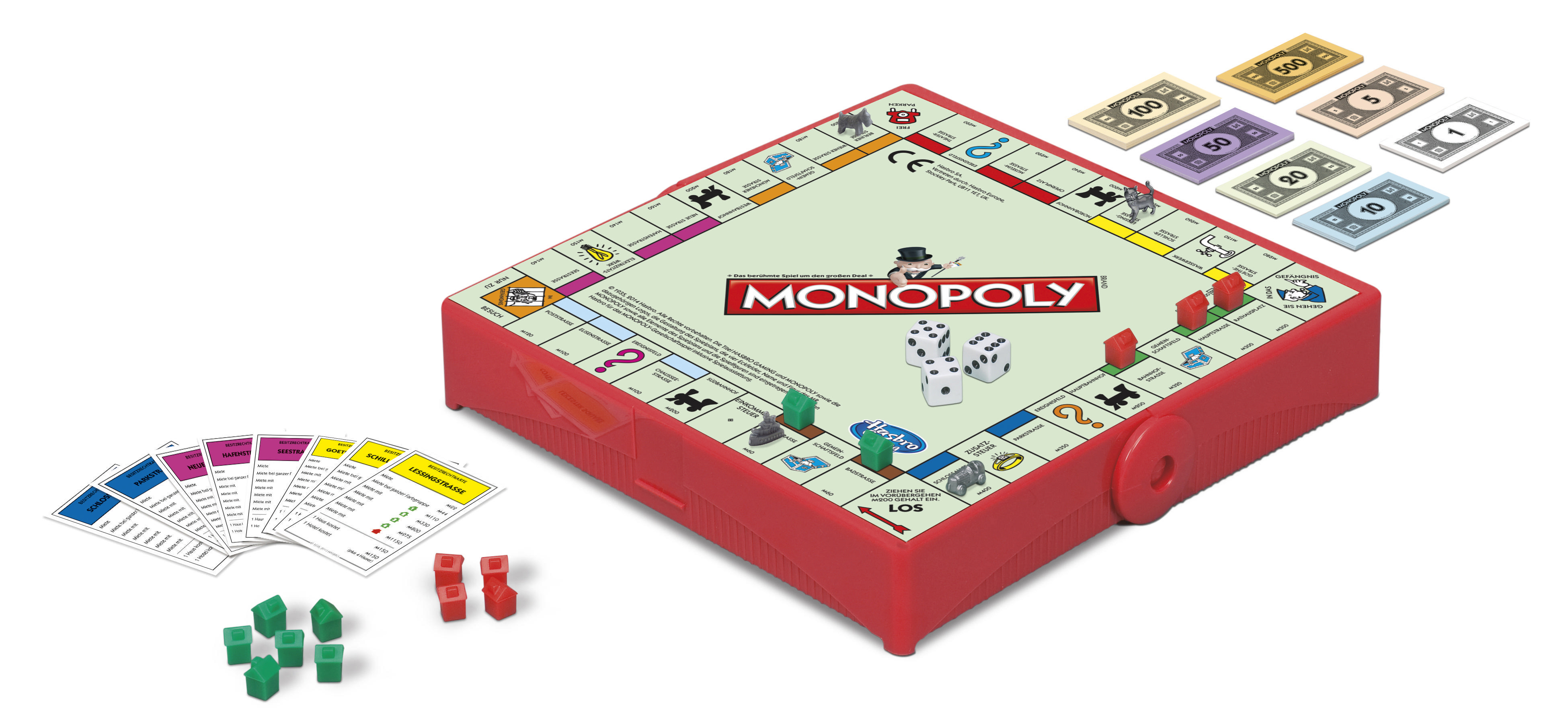 Monopoly Brettspiel-Set mit roter Basis, Würfeln, Karten, Spielgeld und Spielfiguren.