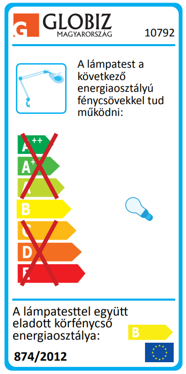 Lámpa energiahatékonysági címkéje, B energiaosztályt és áthúzott osztályokat mutatva.