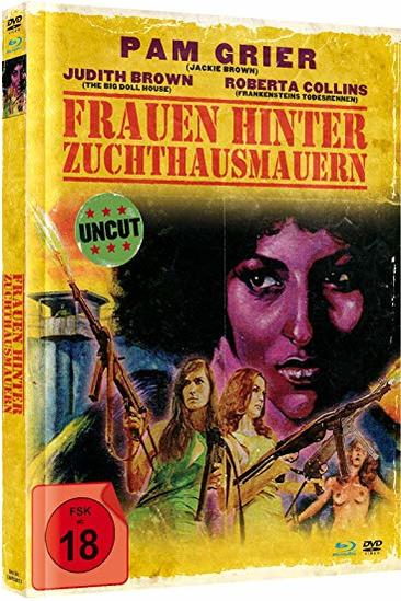 DVD-Hülle mit dem Titel Frauen Hinter Zuchthausmauern, Filmplakat mit Frauen, die Waffen halten.