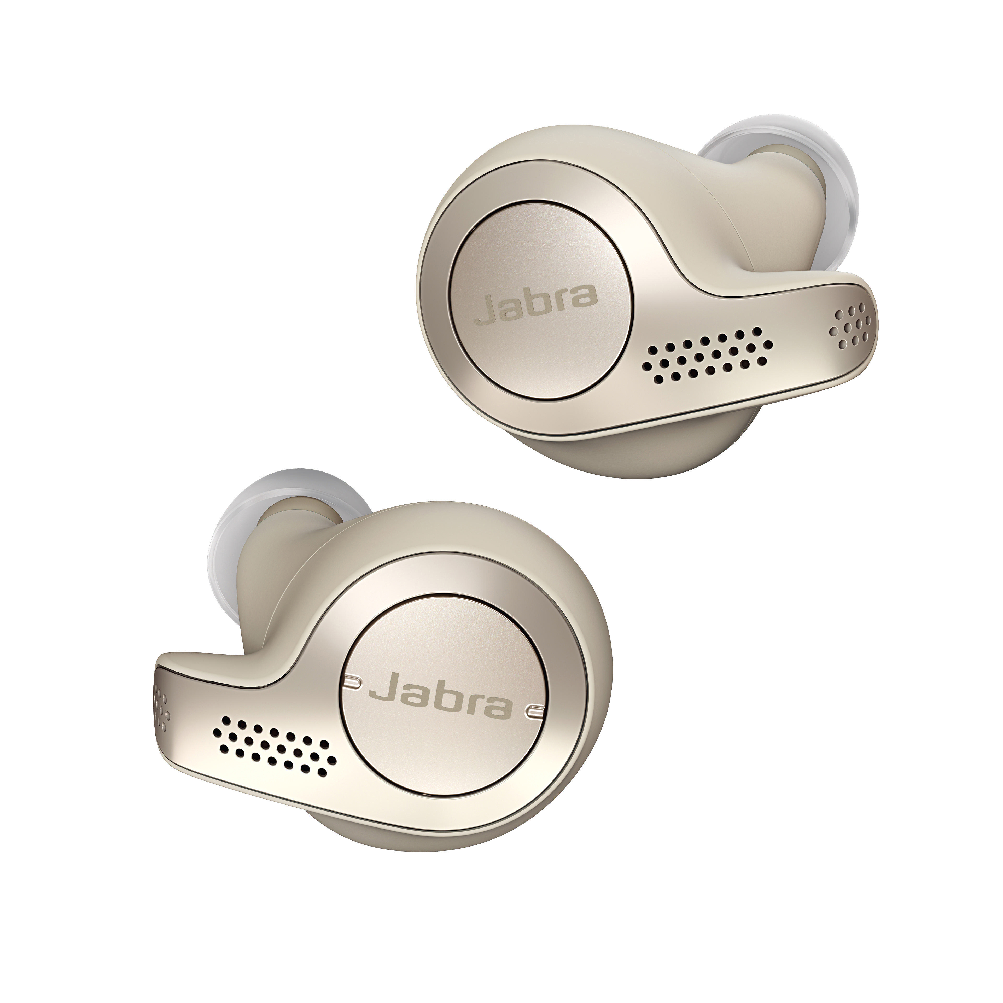 Zwei beige Jabra Ohrhörer auf weißem Hintergrund.