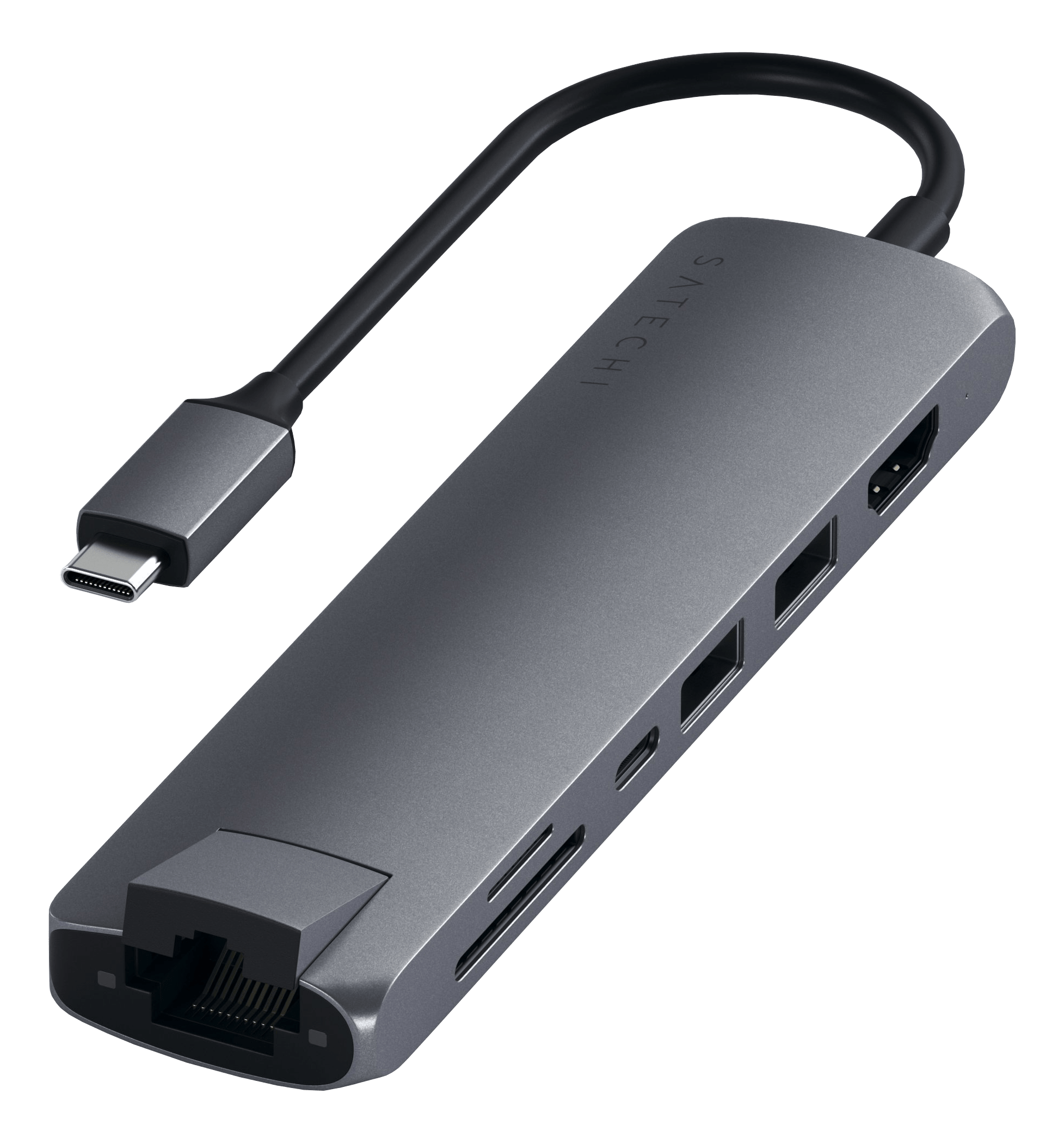 Grauer Satechi USB-C-Hub mit mehreren Anschlüssen.