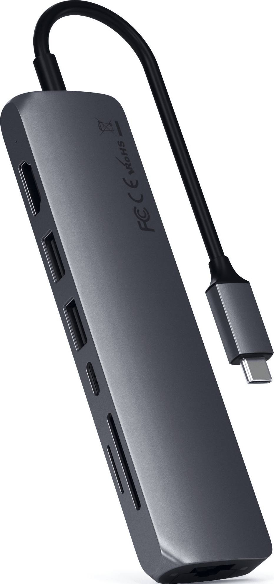 Dunkelgrauer USB-C-Hub mit mehreren Anschlüssen, einschließlich HDMI und SD-Kartensteckplatz.