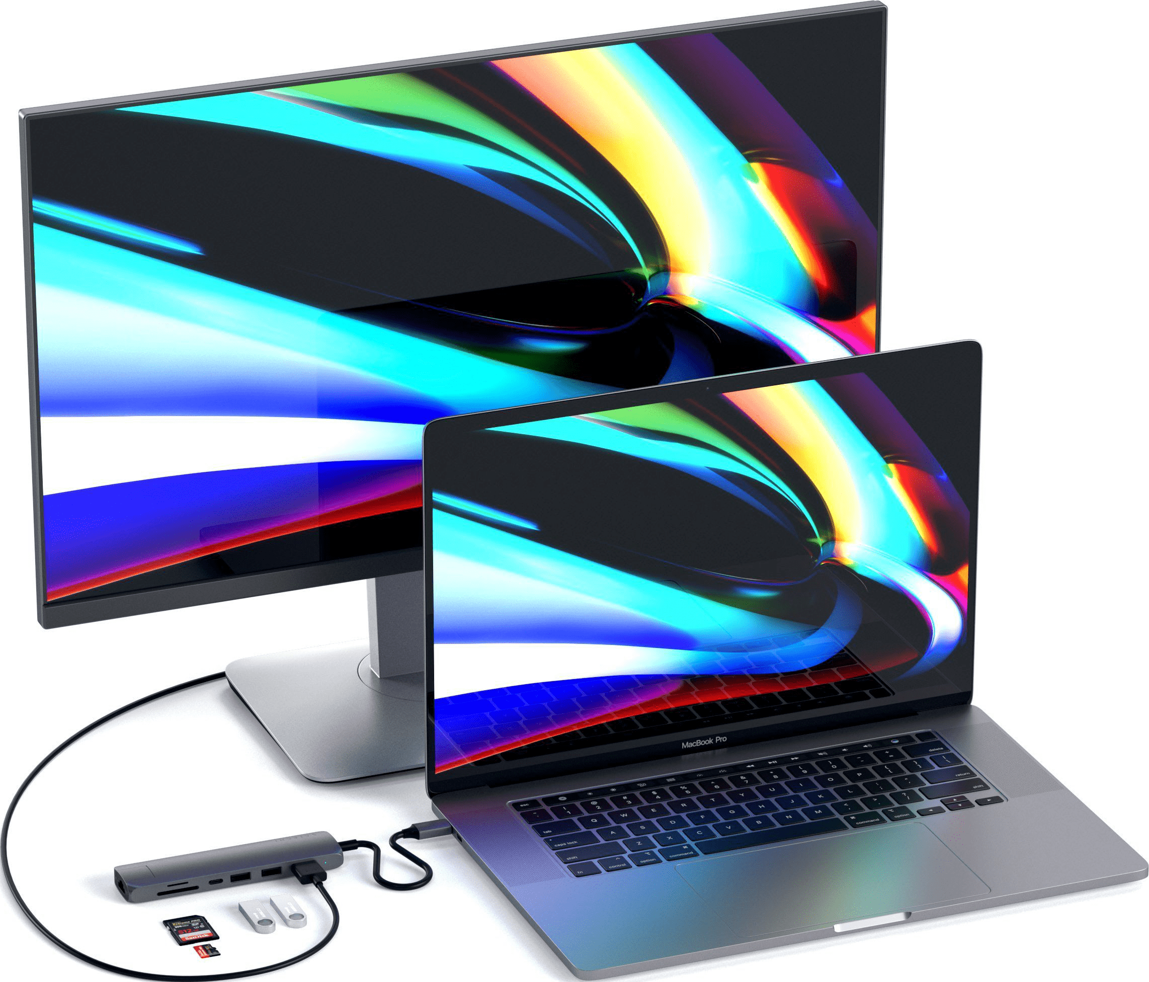 Laptop mit einem Monitor und einem USB-Hub verbunden.