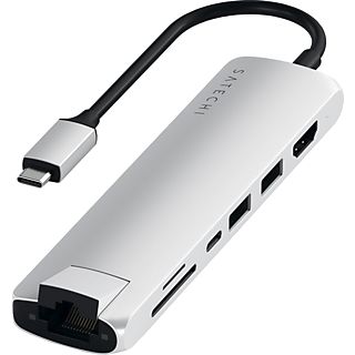 SATECHI Slim Multi-Port USB-C Hub, 4K60Hz HDMI, PD 60W, USB-A 3.0, VGA, RJ45, SD/Micro-SD, Silber