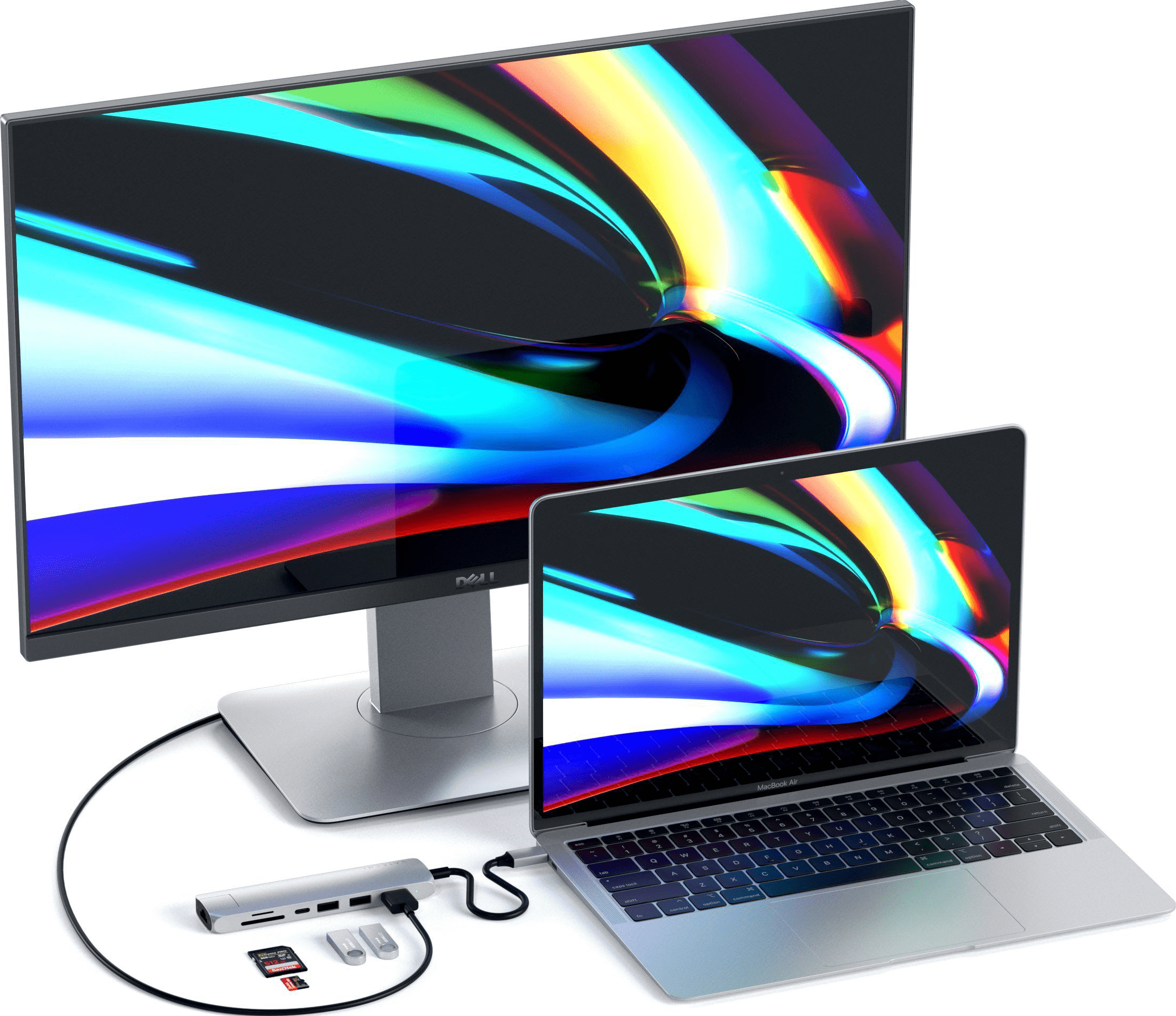 Laptop, Monitor und USB-Hub mit angeschlossenen Kabeln. Blauer, grüner und weißer abstrakter Hintergrund.