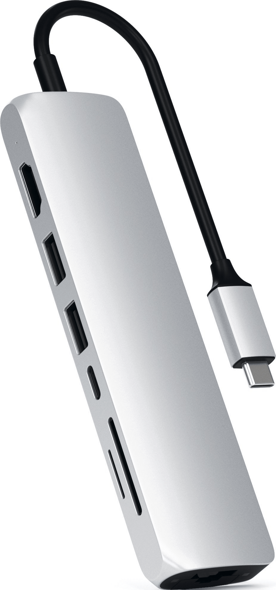 Ein silberner USB-C-Hub mit mehreren Anschlüssen: HDMI, USB, SD-Karte und Ethernet, mit schwarzem Kabel.