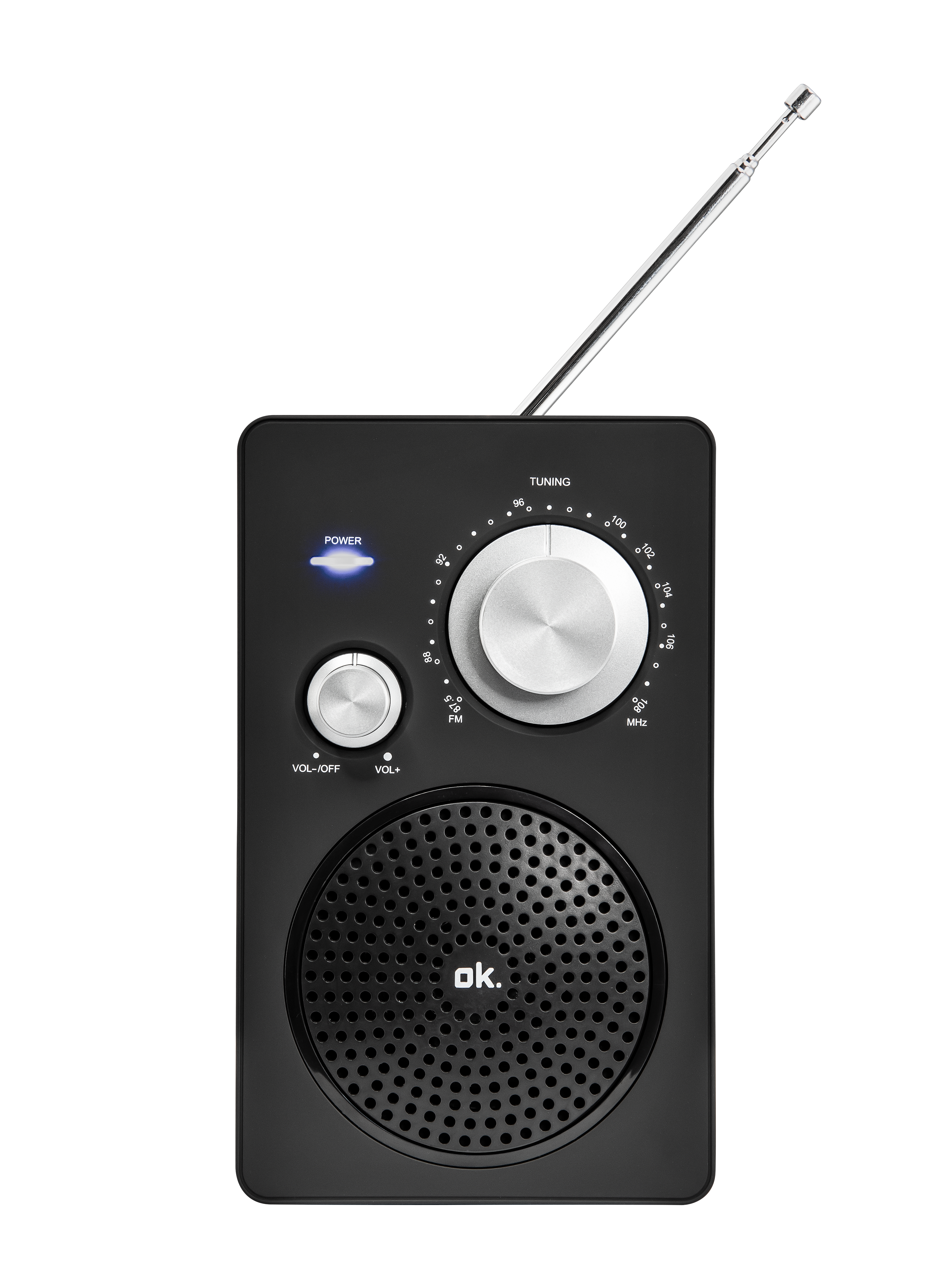 Ein schwarzes Radio mit einem Abstimmrad, einem Einschalter.