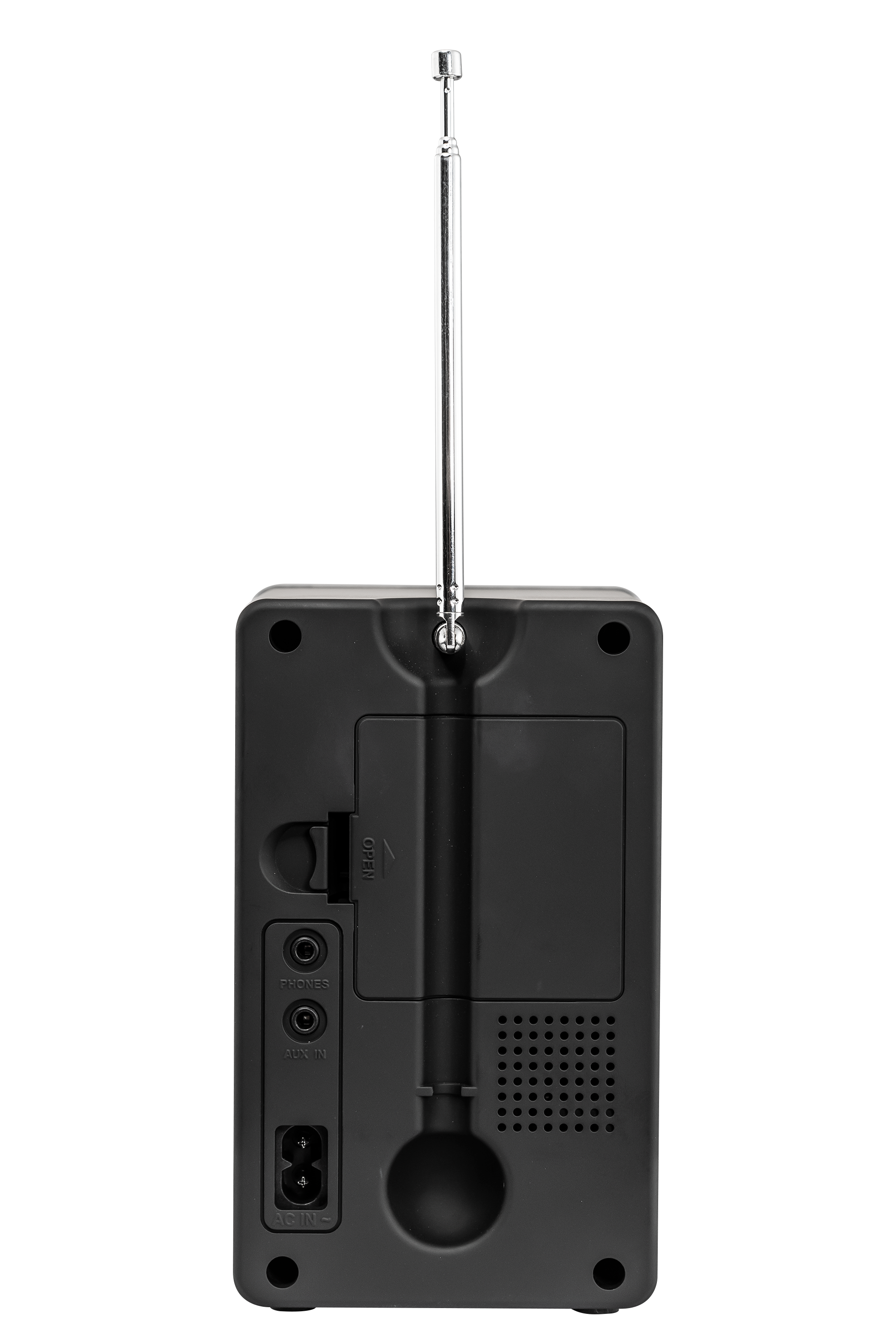Rückseite eines schwarzen Radios mit Antenne und Anschlüssen. Text 'OPEN' in der Nähe eines Anschlusses.