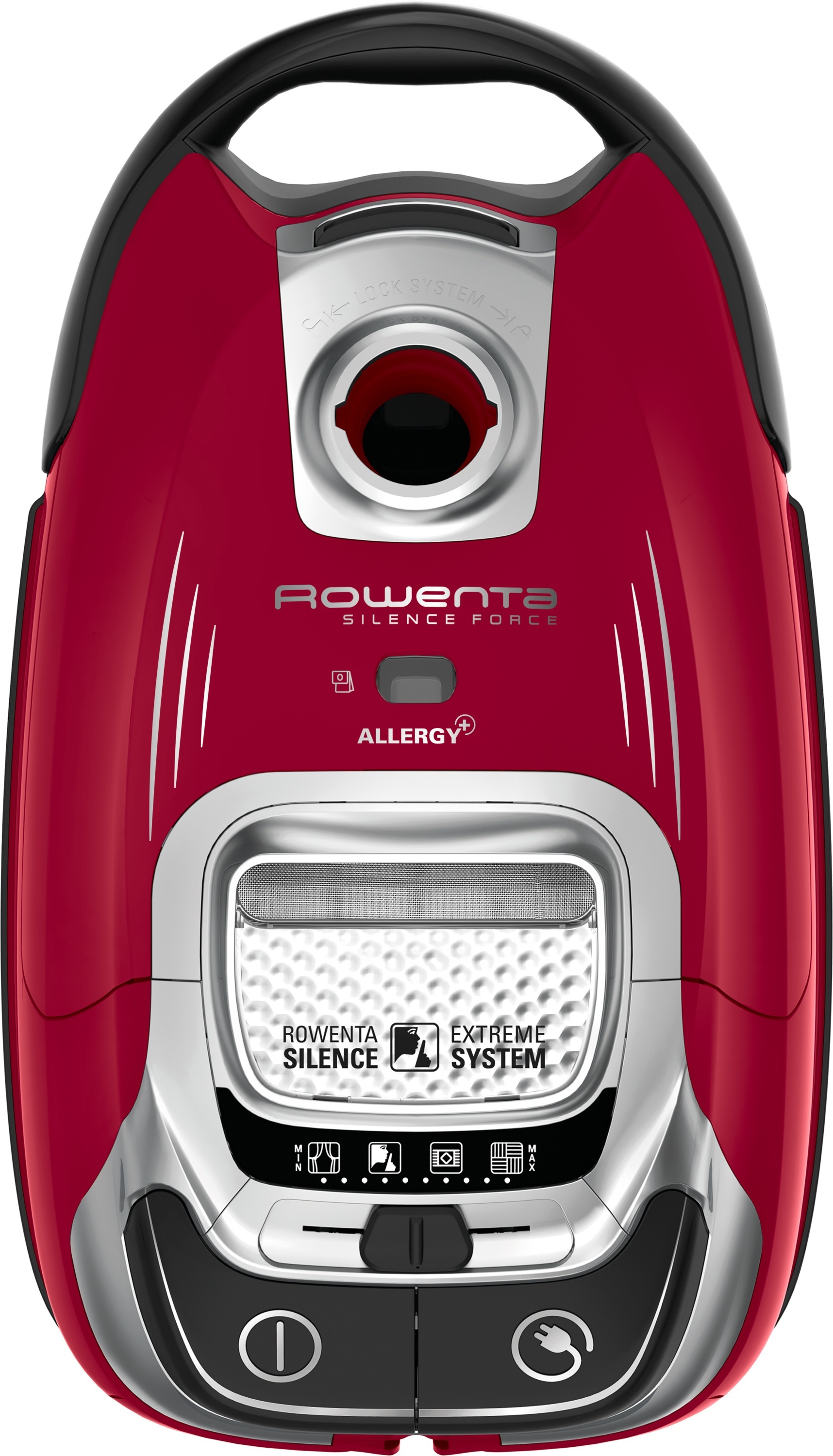 Roter und schwarzer Rowenta Silence Force Staubsauger, mit silbernen Akzenten und Griff.