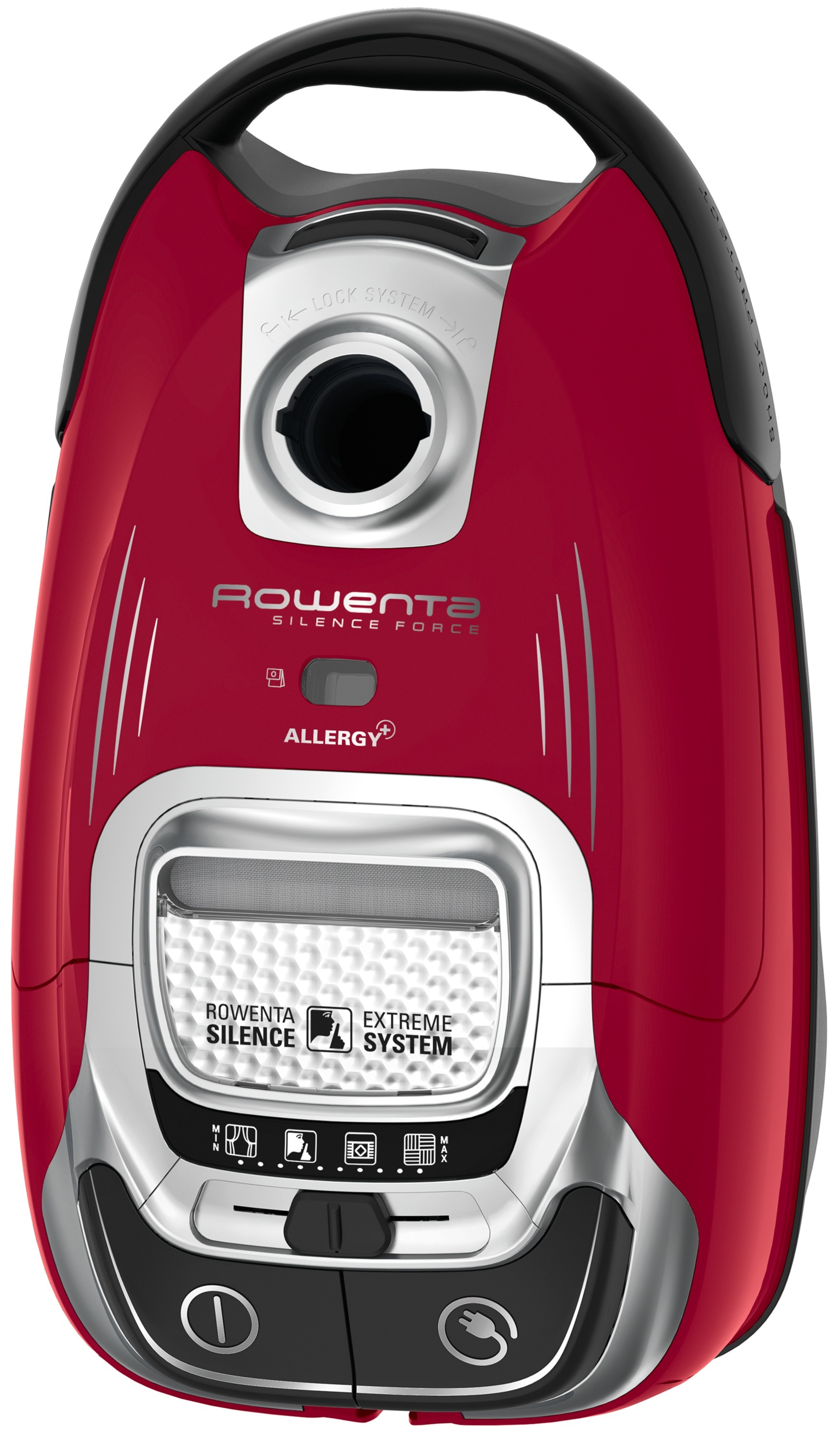 Roter Rowenta Silence Force Staubsauger mit Namen und Funktionen auf der Vorderseite.