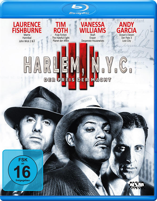 Filmposter. Drei Männer sind darauf, in Anzügen. Der Titel ist Harlem, N.Y.C. Der Hintergrund ist verblasst.