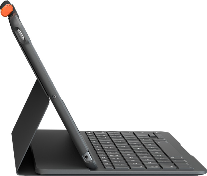 Une tablette grise avec un clavier noir attaché et un accent orange en haut.