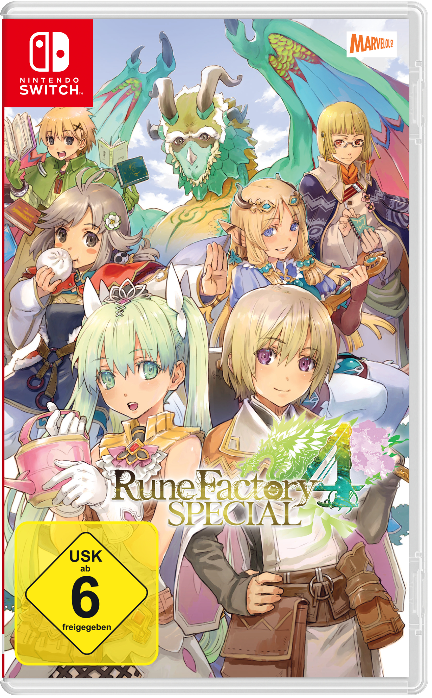 Rune Factory Special-Spielcover: Anime-Charaktere und eine USK-Bewertung.