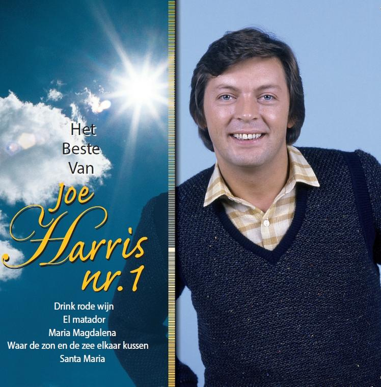 Pochette d'album avec Joe Harris, un homme en pull bleu et un fond ensoleillé avec du texte en néerlandais.