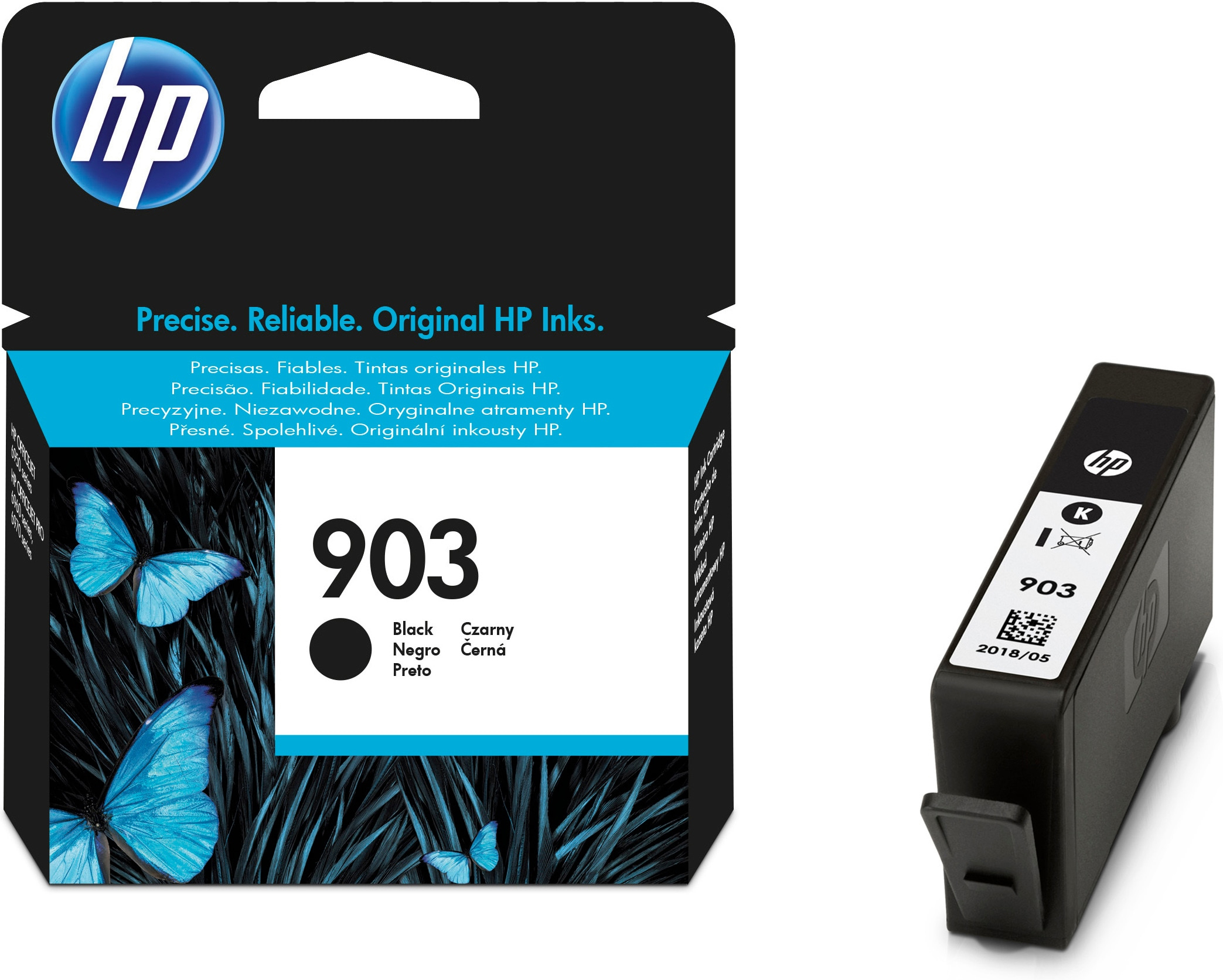 HP 903 schwarze Tintenpatrone mit blauen Schmetterlingen auf der Verpackung und der Patrone.