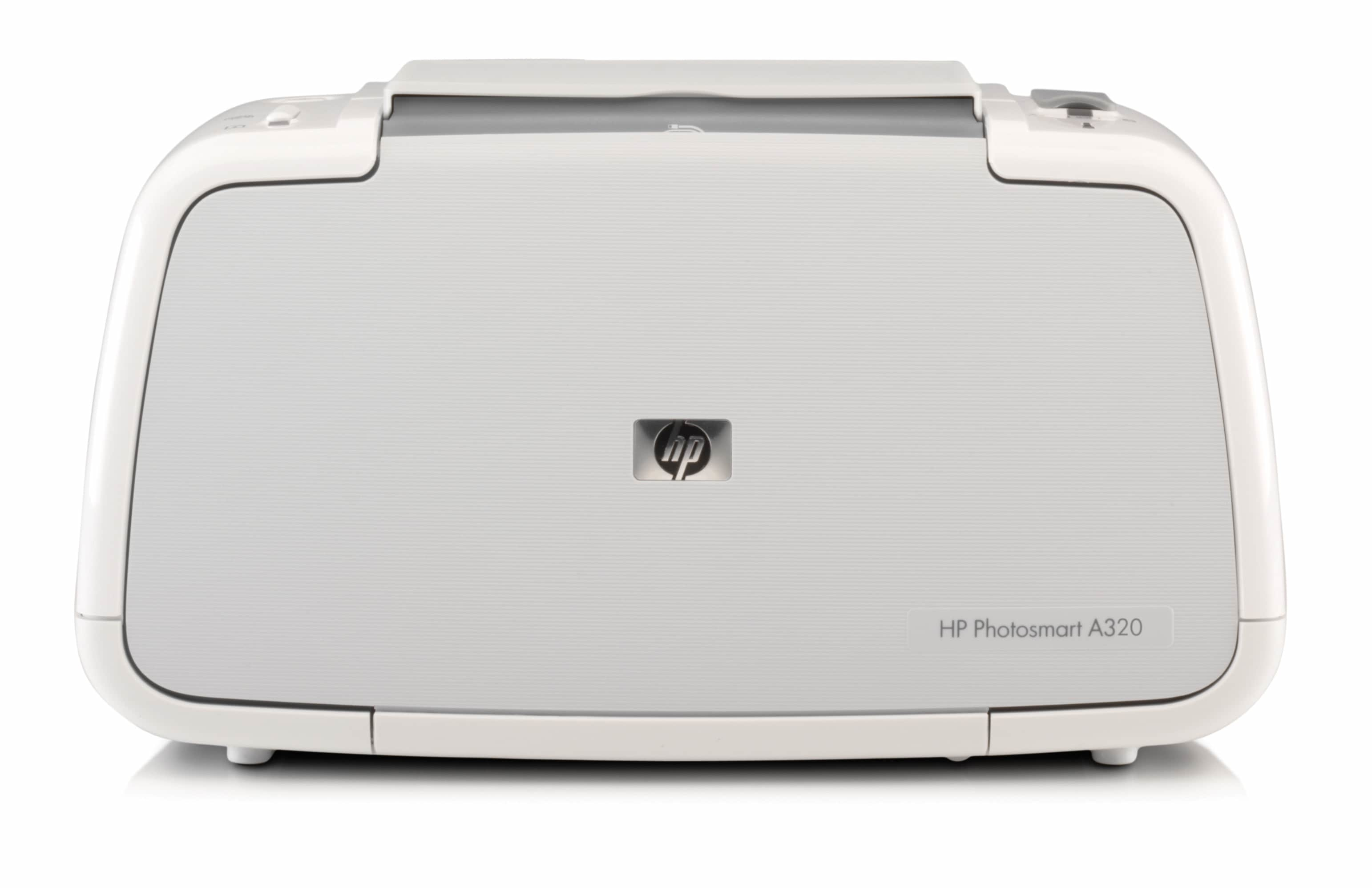 Beyaz bir HP Photosmart A320 yazıcı, önden görünüm.