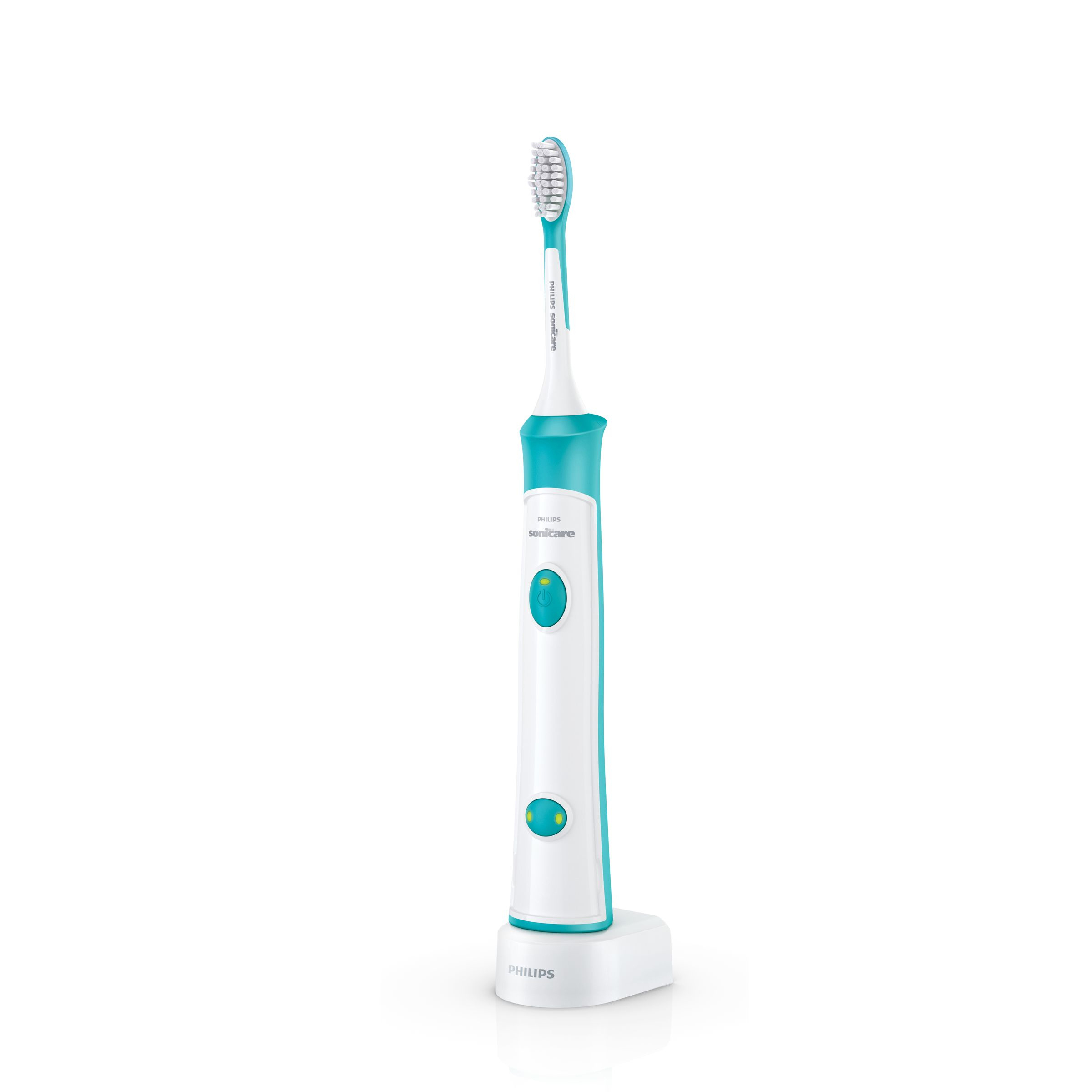 Weiße und türkisfarbene elektrische Zahnbürste mit Ladestation. Marke Philips Sonicare.