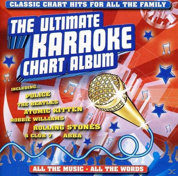 Karaoke album borítója mikrofonnal, csillagokkal és dalfeliratokkal piros háttér előtt.