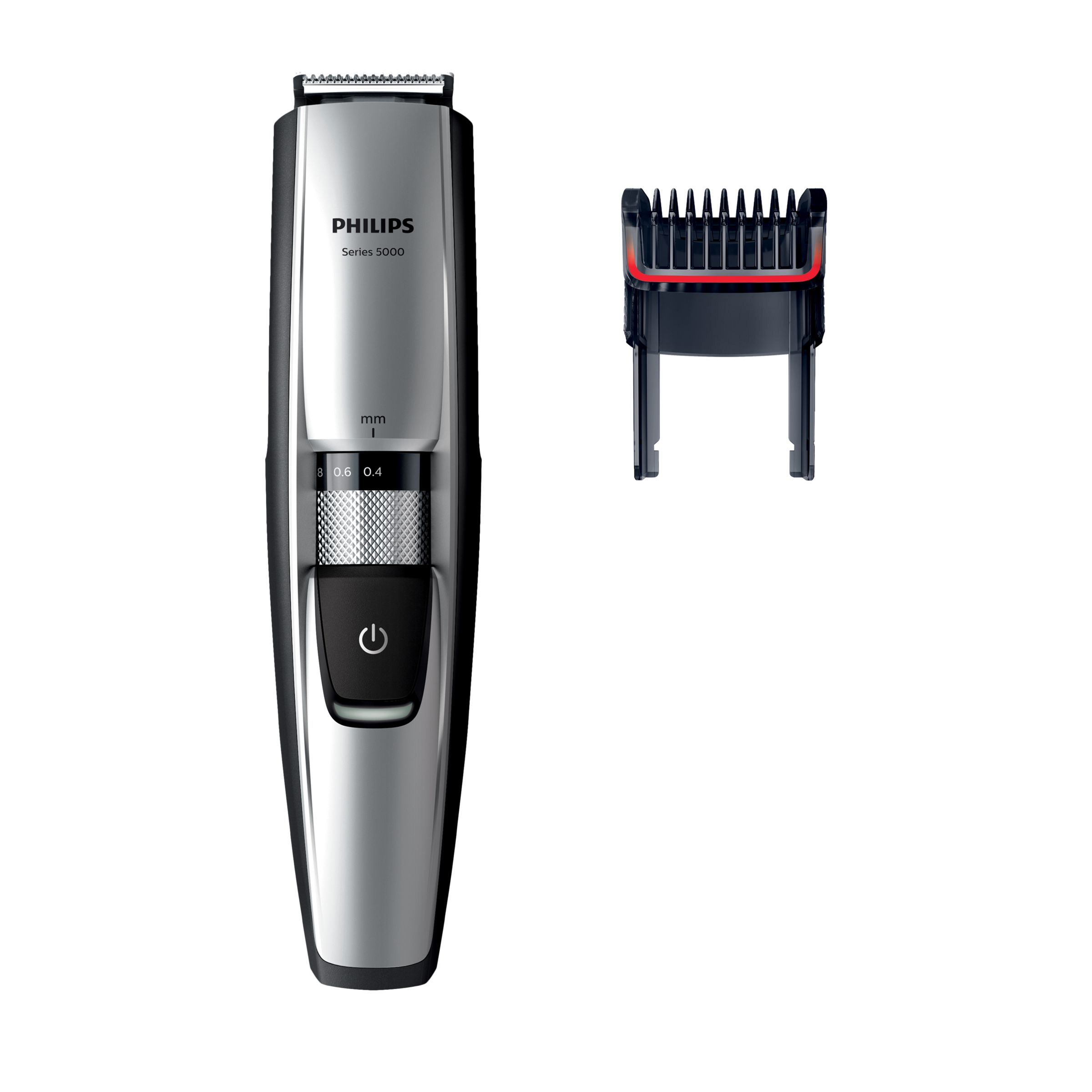Philips Series 5000 Trimmer und einstellbarer Kammaufsatz, auf weißem Hintergrund.