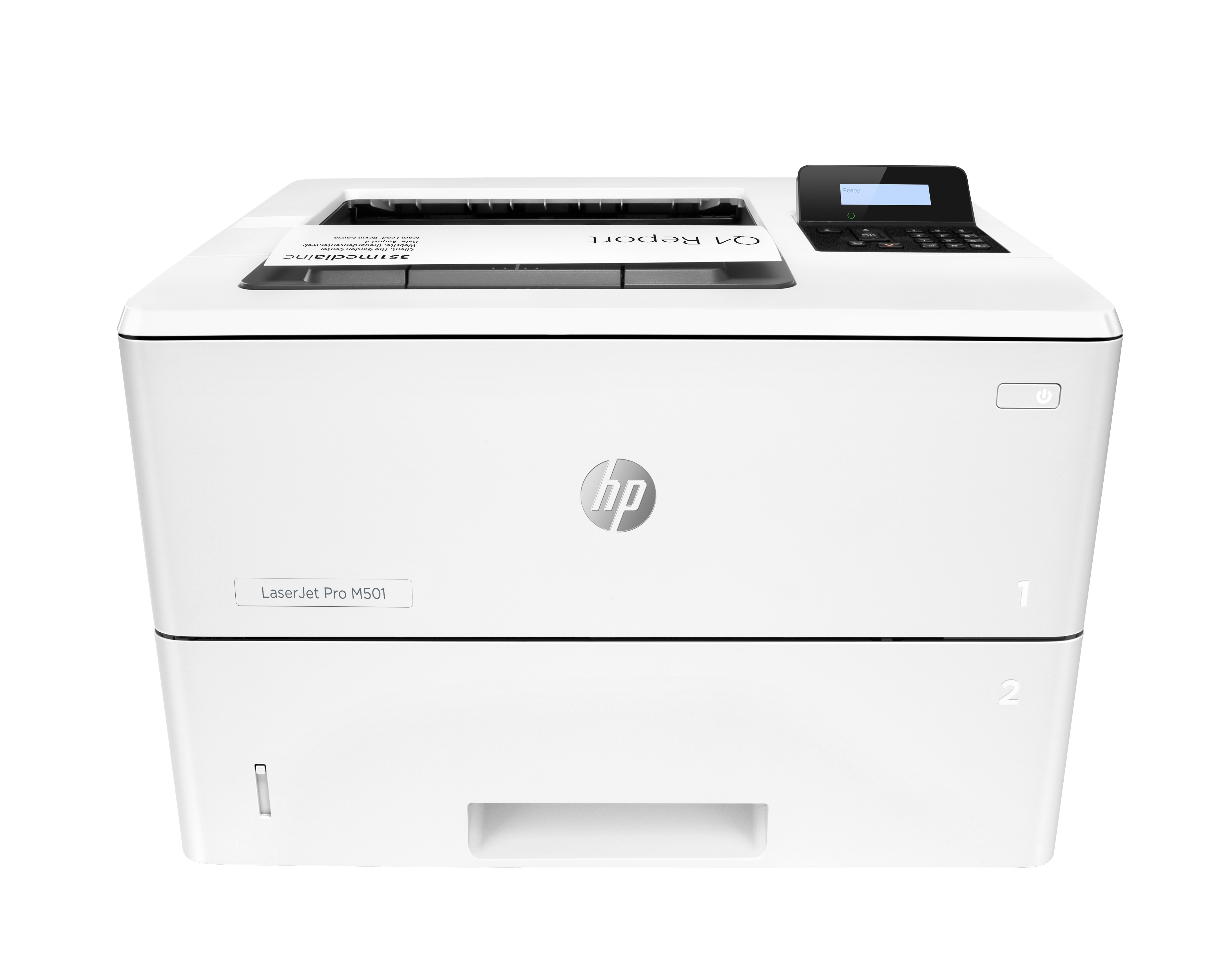 Beyaz HP yazıcı, üstten görünüm, kağıt, kontrol paneli ve 1 ve 2 numaralı etiketlerle.