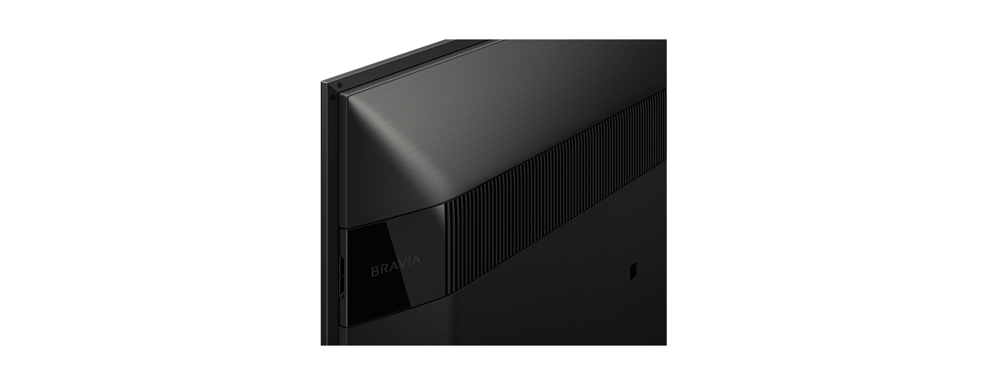 Nahaufnahme einer TV-Seite. Schwarz mit 'BRAVIA'-Branding und Belüftung.