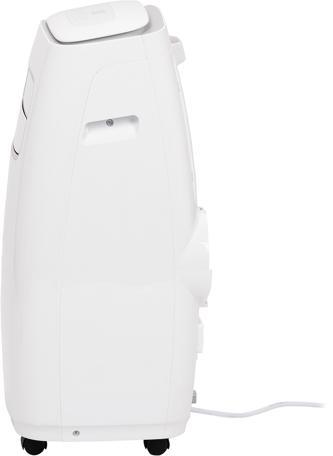 Witte draagbare airconditioner op een witte achtergrond.