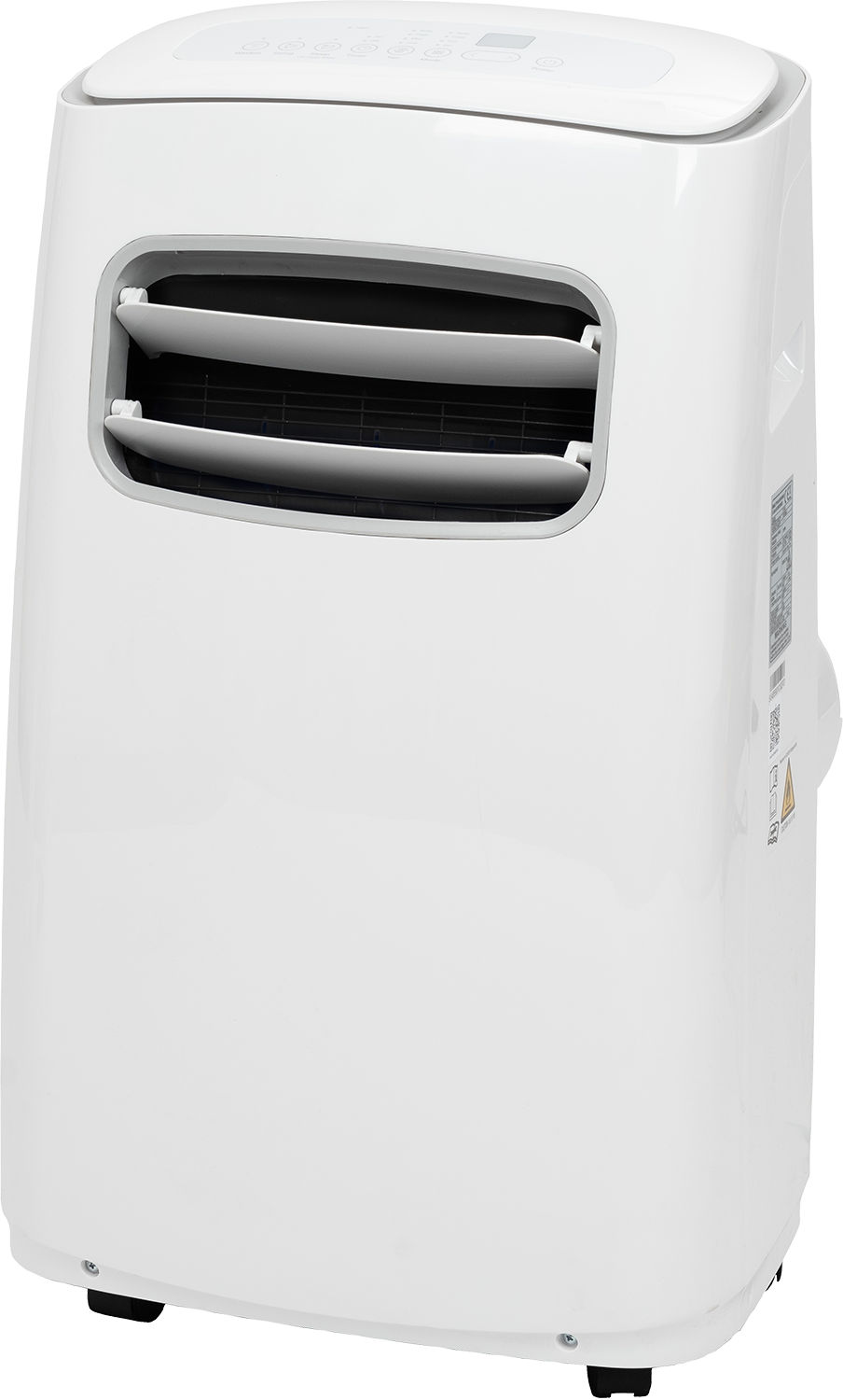 Een witte draagbare airconditioner. Het heeft een rechthoekige vorm met een ventilatieopening en bedieningspaneel aan de bovenkant.