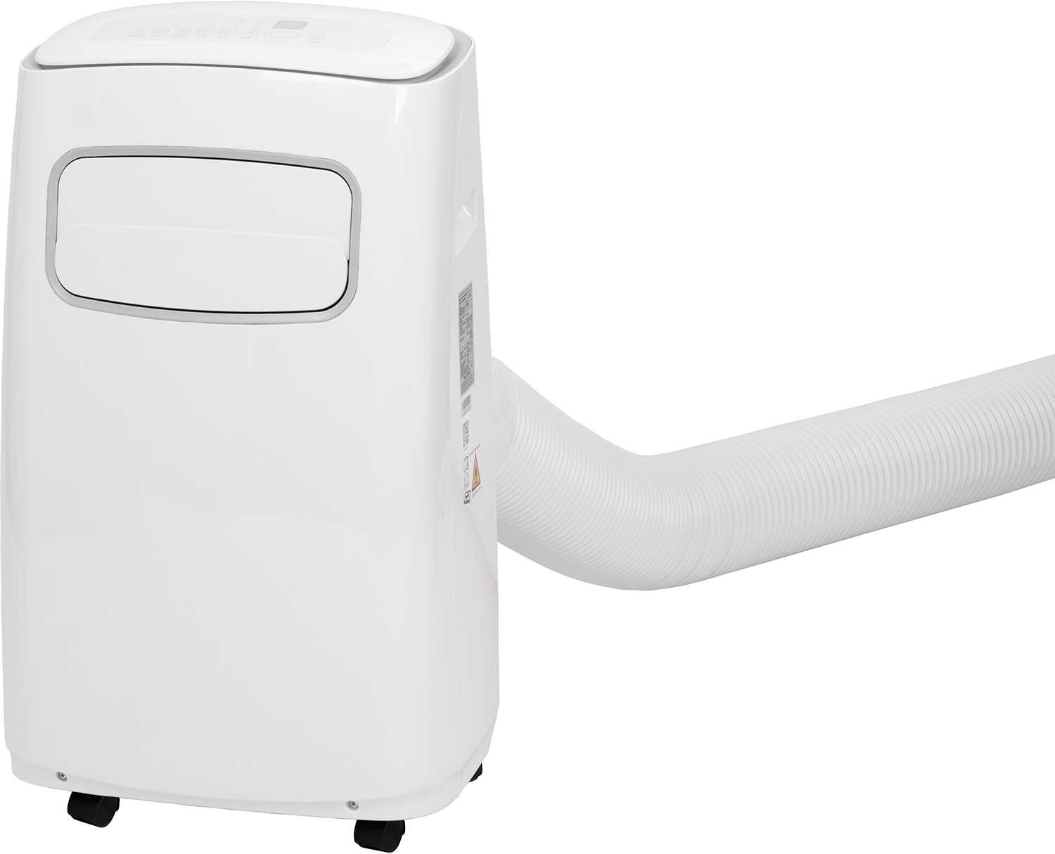 Witte draagbare airconditioner met een witte flexibele slang.