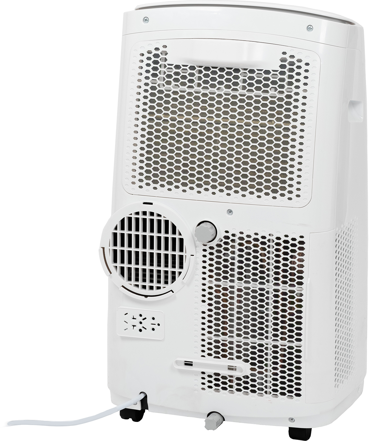 Achterkant van een witte draagbare airconditioner, met een honingraatrooster en diverse ventilatieopeningen en poorten.
