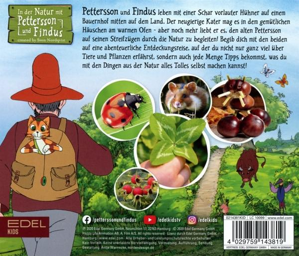 Buchrückseite. Ein Mann mit einer Katze auf dem Rucksack. Zeigt verschiedene Naturbilder wie Marienkäfer, Hamster, Klee und Kastanien.
