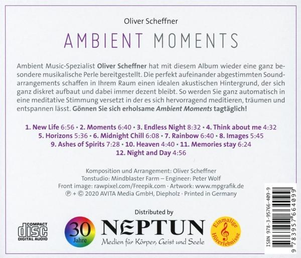 Die Rückseite einer CD, 'Ambient Moments', enthält Musiktracklisten und Credits.
