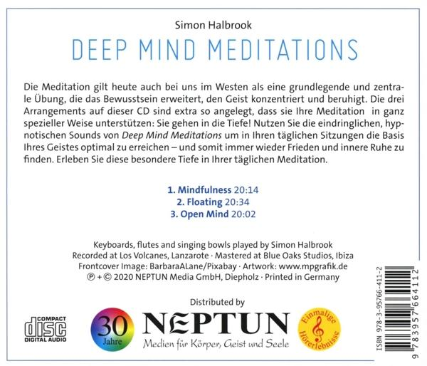 CD-Cover für 'Deep Mind Meditations'. Enthält Text und ein farbenfrohes Bild. Die CD ist sichtbar.