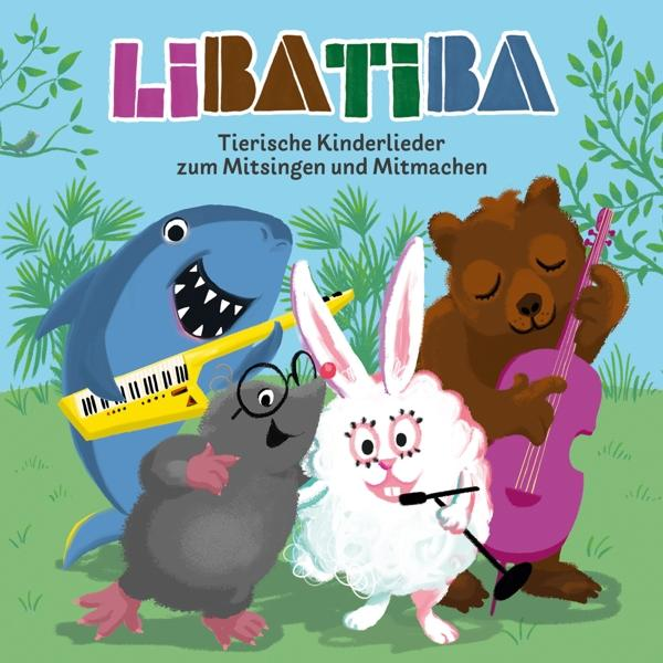 Buchcover mit Zeichentieren, die Instrumente spielen. Blauer Himmel Hintergrund mit Text.