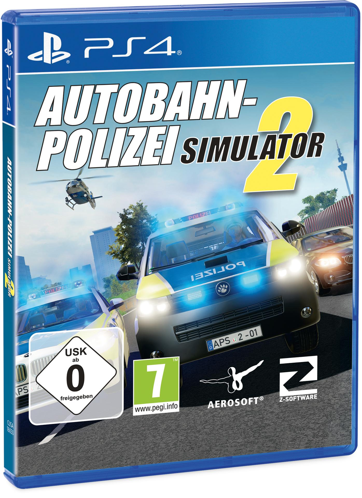 PS4-Spielbox von Autobahn Polizei Simulator 2 auf blauem Hintergrund.