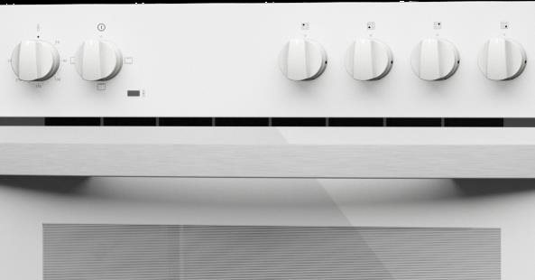 Un panel de control de horno blanco con seis perillas y una manija plateada horizontal debajo.