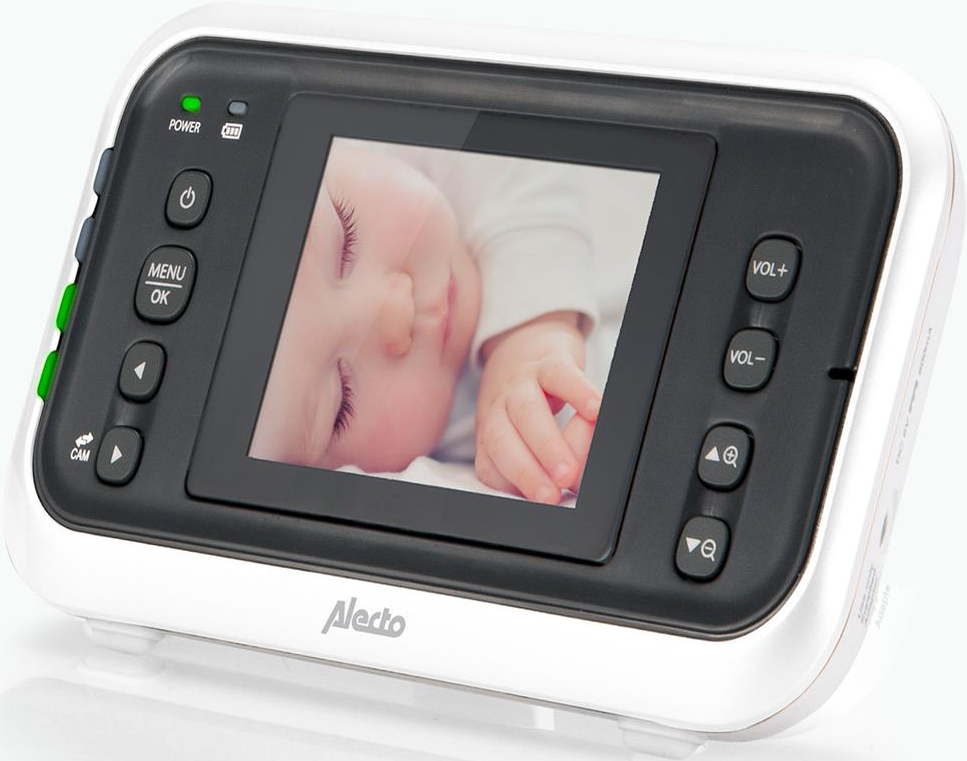 Babyphone zeigt schlafendes Baby auf dem Bildschirm, weißes Gerät.