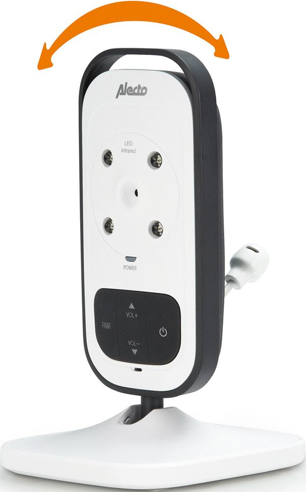 Weiß-schwarzer Babyphone. Steht auf weißer Basis. Gebogener Pfeil zeigt Drehrichtung.