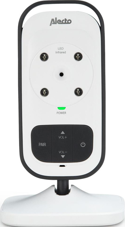 Weißer Babyphone mit schwarzen Akzenten. Es hat Knöpfe, LED und einen kleinen Ständer. Der Hintergrund ist weiß.