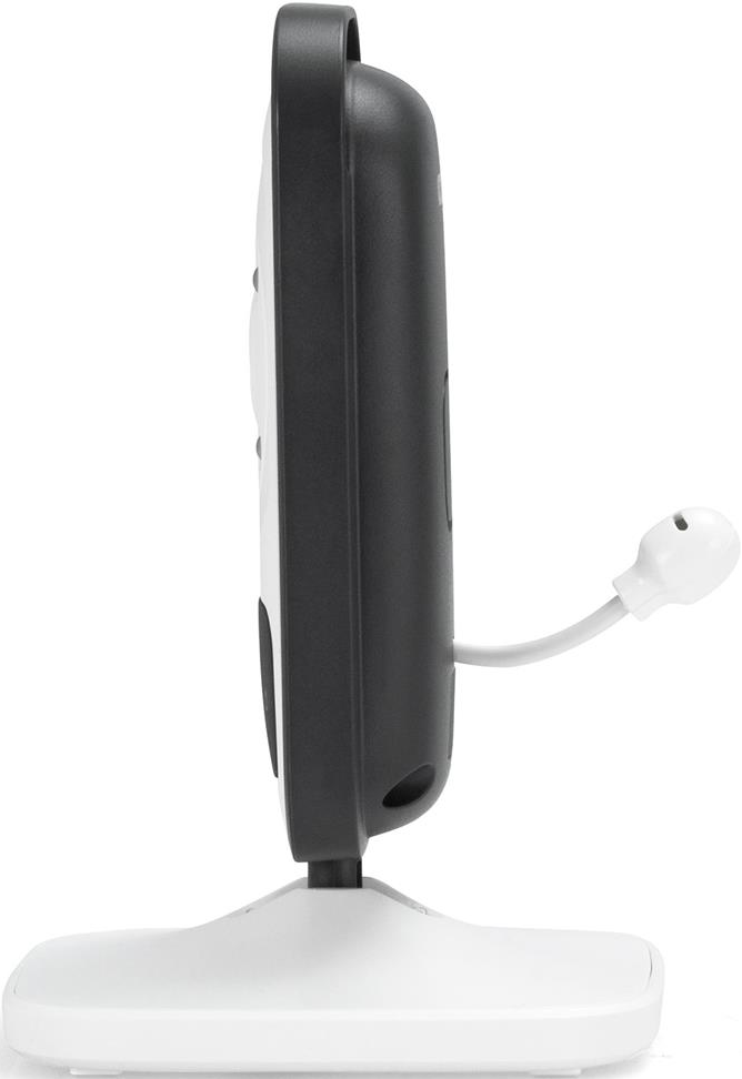 Ein Babyphone steht auf einer weißen Basis mit einem gebogenen Kabel.