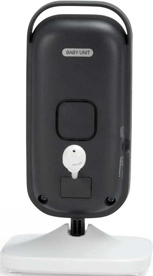 Schwarzer Babyphone mit Ständer. Die Rückseite hat einen Knopf und einen Steckplatz.