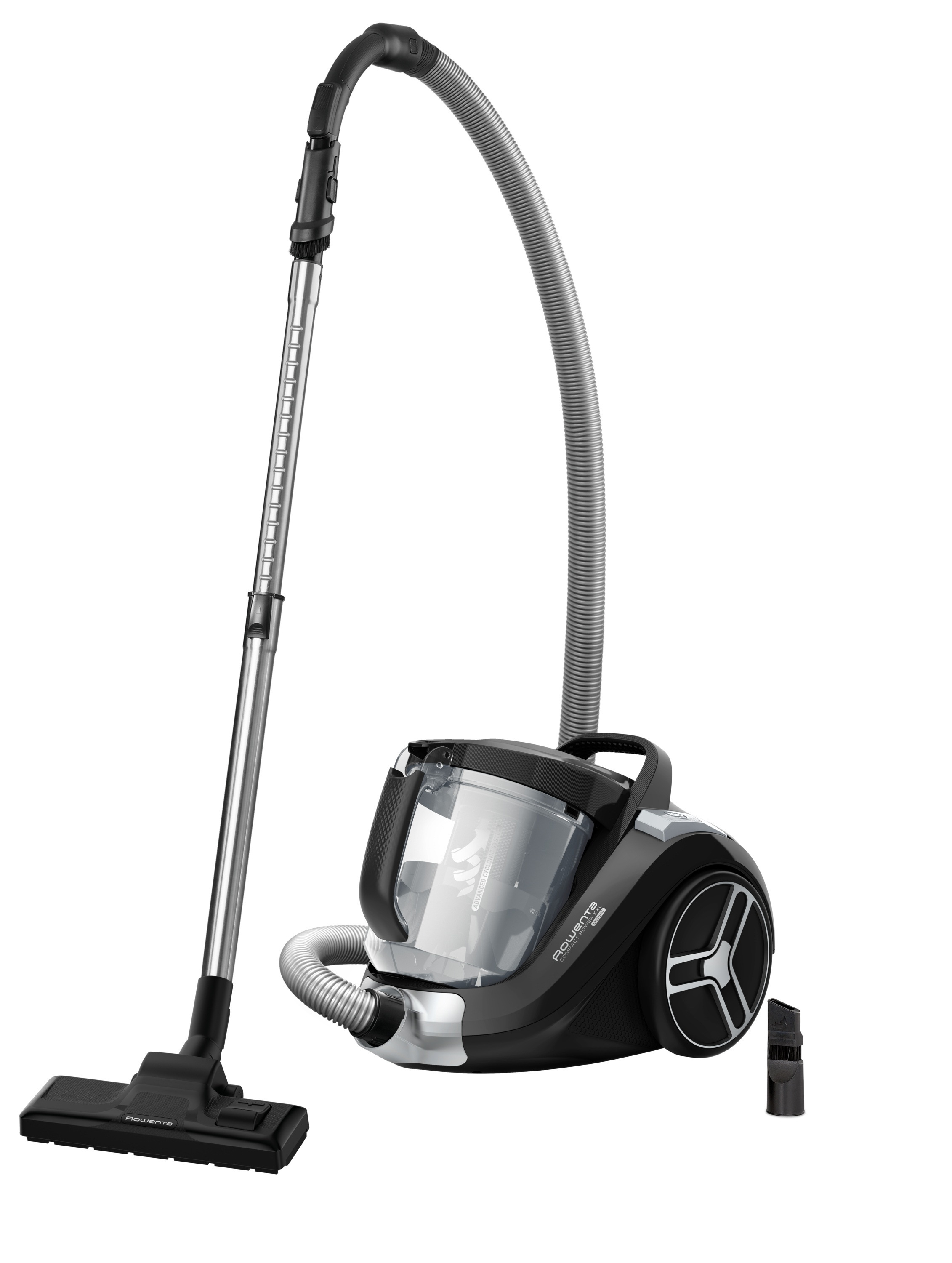 Rowenta Staubsauger, schwarz und silber mit langem Griff und Staubbehälter.